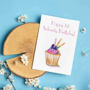 Carte Cupcake à l'aquarelle Première fête de la sobriété
