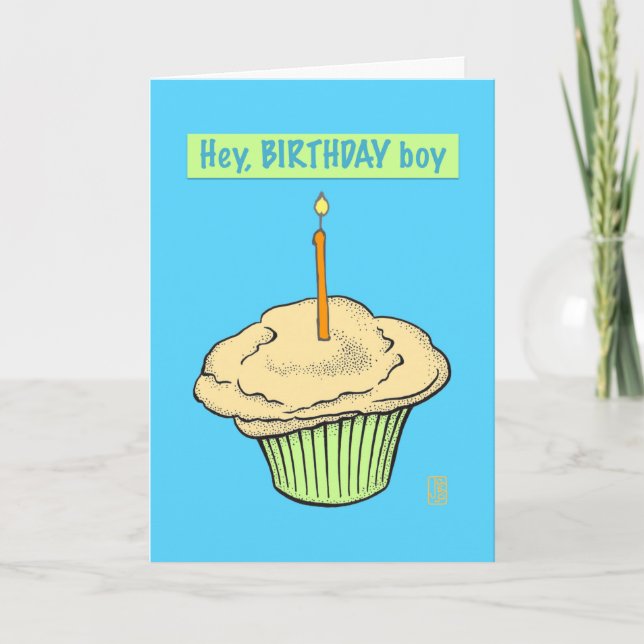 Carte Cupcake avec bougie "Hey, Birthday Boy" (Devant)