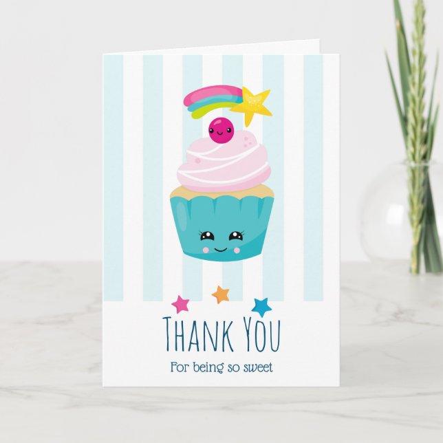 Carte Cupcake bleu mou avec Kawaii face Anniversaire mer (Devant)