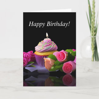 Carte Cupcake d'anniversaire arrose avec et bougies Rose