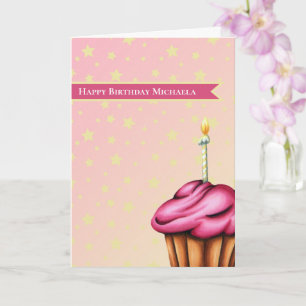 Carte Cupcake rose avec bougie Anniversaire personnalisé