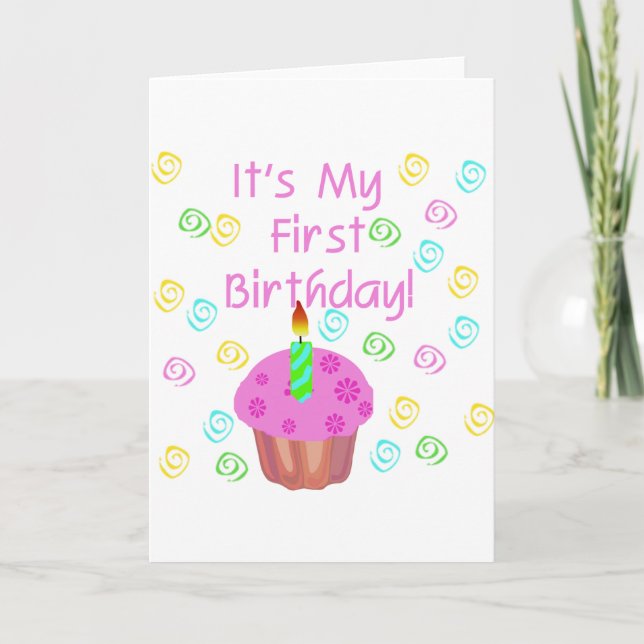 Carte Cupcake Rose Avec Bougie Premier Anniversaire (Devant)