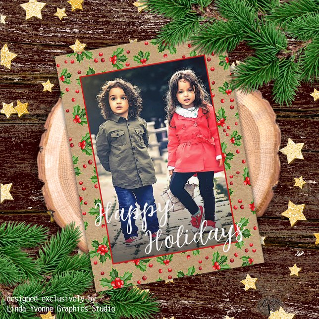 Carte Custom Classic Holiday Green Holly Red Berries (Créateur téléchargé)