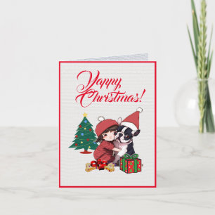 Carte Custom Cute Boston Terrier Avec Petite Fille Noël