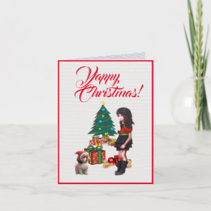 Carte Custom Cute Shih Tzu Avec Petite Fille Noël
