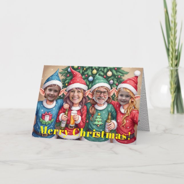 Carte Custom Digital Add Your Face 4 Photo Elves Xmas (Devant)