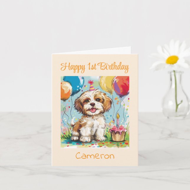 Carte Custom Happy 1st Birthday Congratulations, Puppy  (Petite plante)