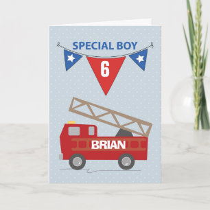 Carte Custom Name and Age, 6th Birthday, Boy, Firetruck