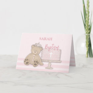 Carte Custom Name Pink Baptism Cake Teddy Bear and Tiara