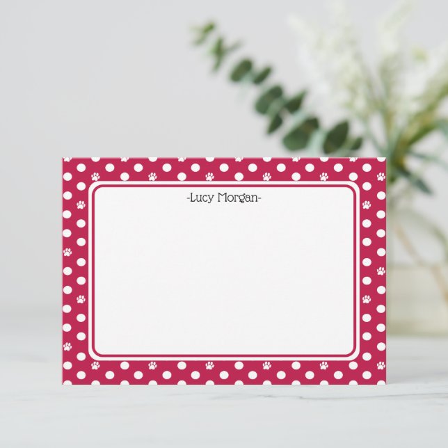Carte Custom Whimsical Paw Print Polka Dot Red Note (Debout devant)