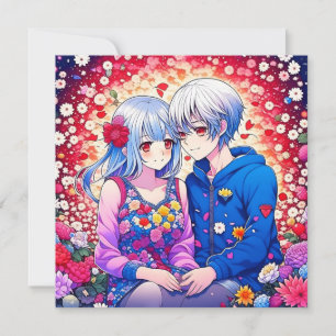 Carte Cute Anime Couple, Fleurs et Coeurs Personnalisé