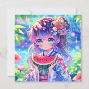 Carte Cute Anime Girl Manger Watermelon sur une journée 