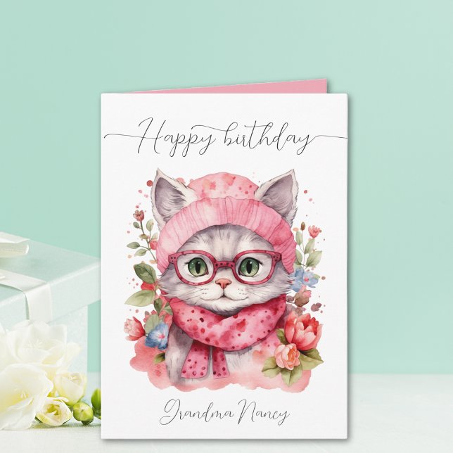Carte Cute aquarelle Floral Chat Grand-mère Joyeux anniv (Cute Watercolor Floral Cat Grandma Happy Birthday Card)