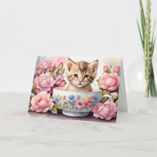 Carte Cute Aquarelle Kitten en Floral Teacup
