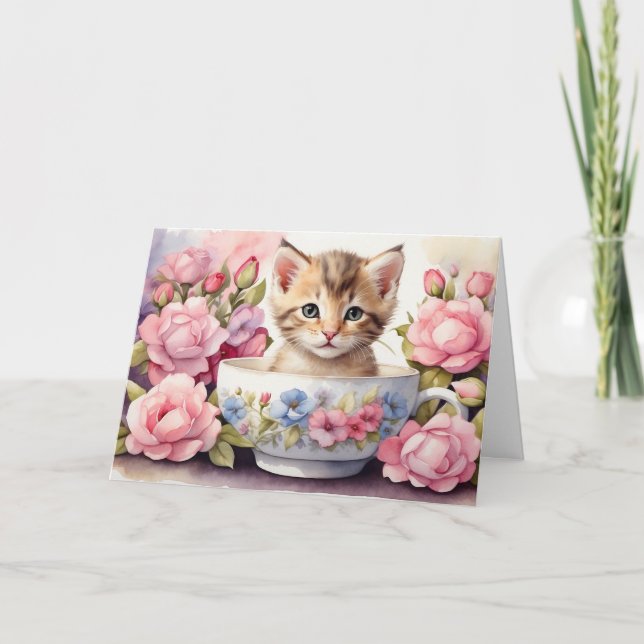 Carte Cute Aquarelle Kitten en Floral Teacup (Devant)
