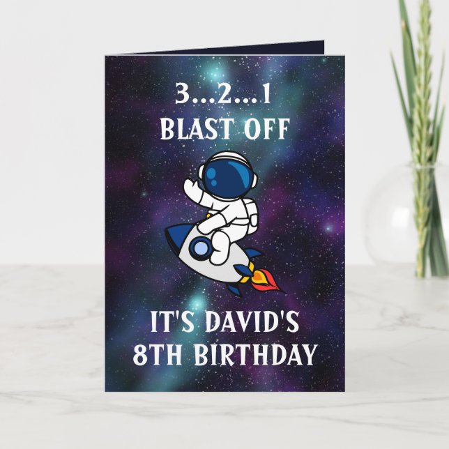 Carte Cute Astronaut Green Purple Galaxy 8e anniversaire (Devant)