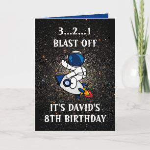 Carte Cute Astronaut Space Rocket Blue 8e anniversaire