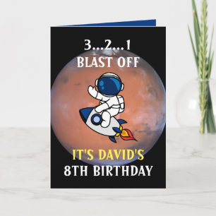 Carte Cute Astronaut Space Rocket Mars Blue 8e anniversa