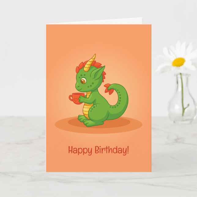 Carte Cute Baby Dragon Holding Cup Orange Birthday Card (Petite plante)