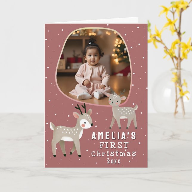 Carte Cute Baby's 1st Christmas Photo Reindeer Holiday (Fleur jaune)