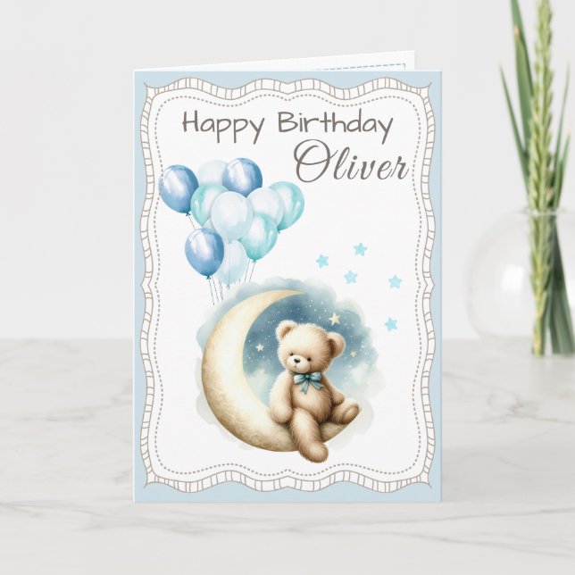 Carte Cute Bear on the Moon Birthday Card for Boy  (Devant)