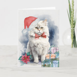 Carte Cute Blanc Chat Santa Hat Cadeaux Blais Noël