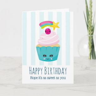 Carte Cute Blue Cupcake avec Kawaii Face Anniversaire