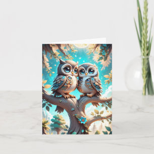 Carte Cute Blue Kawaii Chibi Owls Blank Salutation
