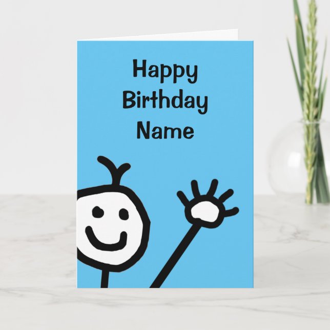 Carte Cute Blue Little Souriant Visage agitant Anniversa (Devant)