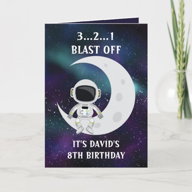 Carte Cute Blue Space Astronaut Moon 8e anniversaire (Devant)