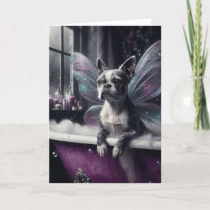 Carte Cute Boston Terrier Fairy dans une baignoire viole