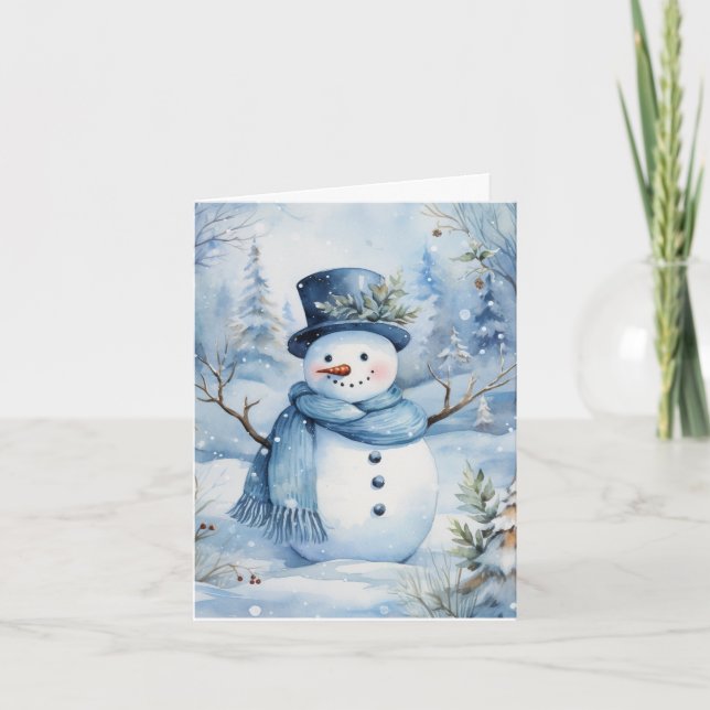 Carte Cute Casquette bleu Snowman et Fleurs d'Écharpe bl (Devant)