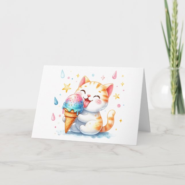 Carte Cute Chat avec crème glacée Whimsical Aquarelle bl (Devant)