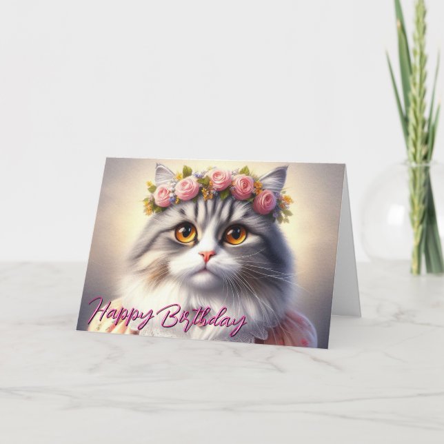Carte Cute Chat en robe et couronne Anniversaire (Devant)