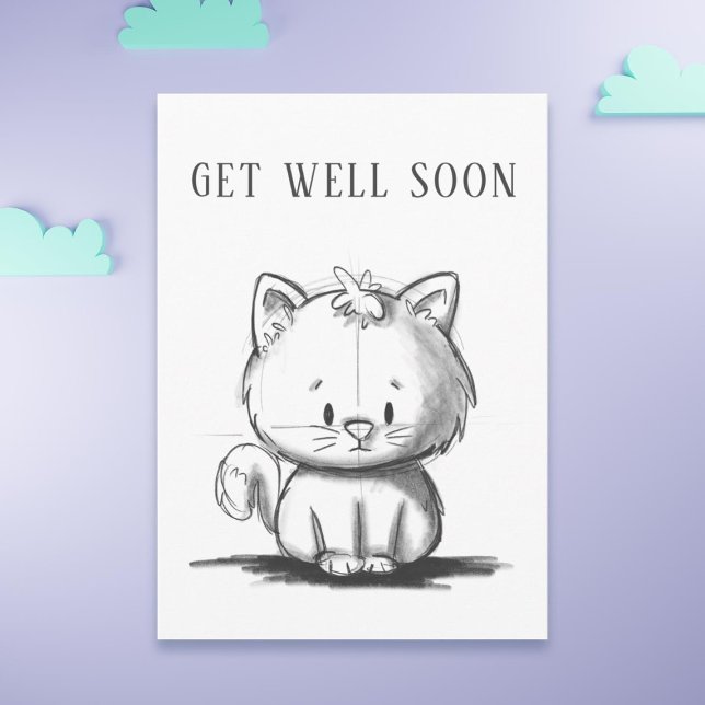 Carte Cute Chat Encourageant Se Bien (Adorable get well soon card with a sketch illustration of a cat)