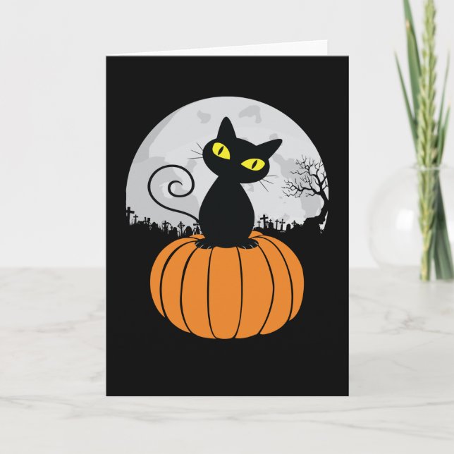Carte Cute Chat noir Citrouille Pleine lune Drôle Hallow (Devant)