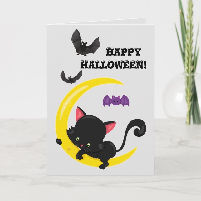 Carte Cute chat noir et lune enfants Halloween (Devant)