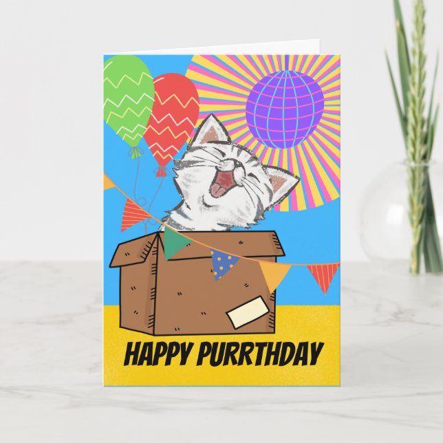 Carte Cute Chat Purthday Anniversaire Dans La Boîte (Devant)