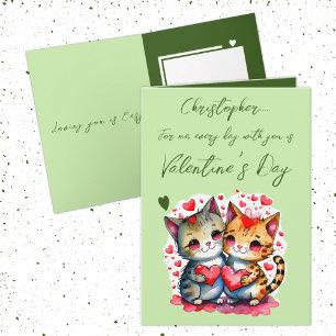 Carte Cute chats nom personnalisé vert Saint-Valentin