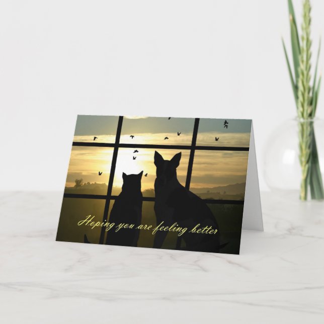 Carte Cute Chien et Chat dans la fenêtre Sentez une meil (Devant)
