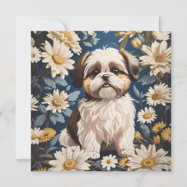 Carte Cute Chih Tzu Chien Blanc Fleurs De Faisée (Devant)
