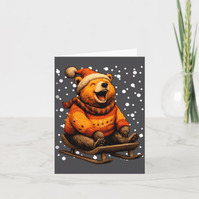 Carte Cute Christmas Bear Sledding In Snow Funny Winter  (Devant)