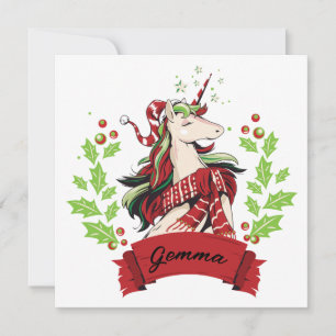 Carte Cute Christmas Unicorn Nom personnalisé