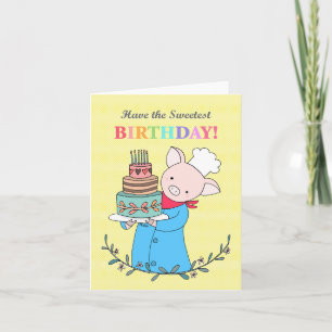 Carte Cute Cochon Chef tenant un grand gâteau d'annivers