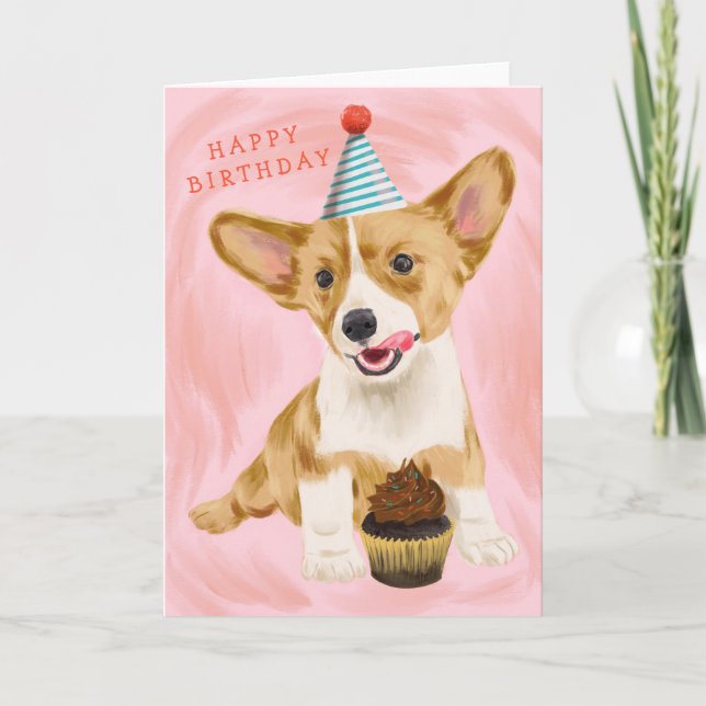 Carte Cute Corgi Chien avec Cupcake Anniversaire (Devant)