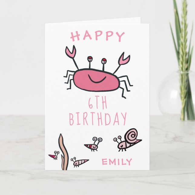 Carte Cute Crabe Rose Animaux de mer Fille Joyeux Annive (Devant)