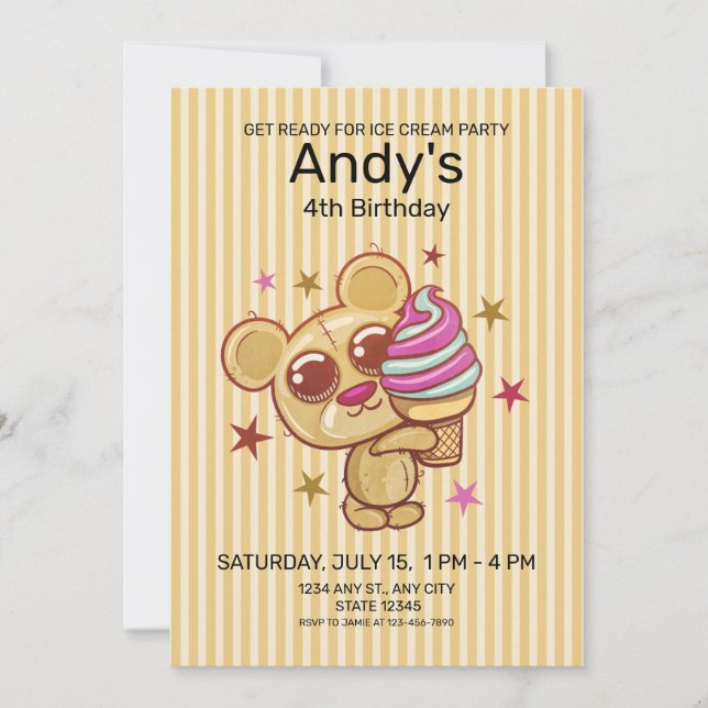 Carte Cute Crème glacée Ours 4ème Anniversaire de enfant (Devant)