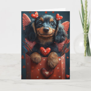 Carte Cute Dachshund en costume cupide Saint Valentin