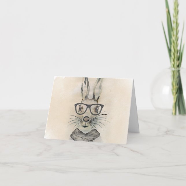 Carte Cute drôle d'aquarelle lapin avec lunettes et écha (Devant)
