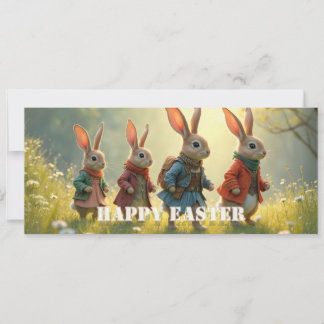 Carte Cute Easter Bunnies Walking in Spring Meadow